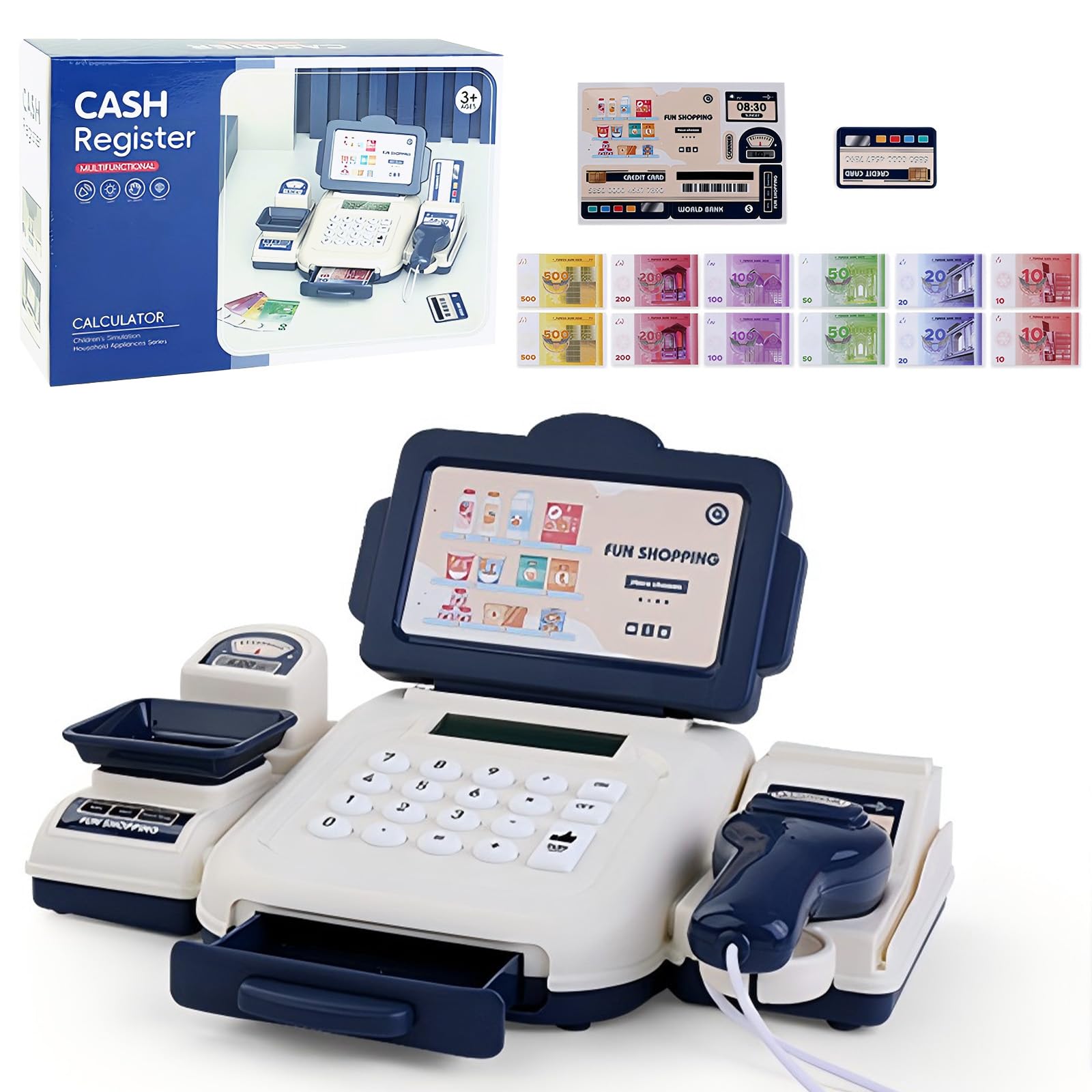 Toy Cash Register for Kids, Toy Till with Scanner Calculator Weigh Pop-up Drawer and Pretend Money Set Educational Shopping Till Role Play Toy for Toddlers Boys and Girls