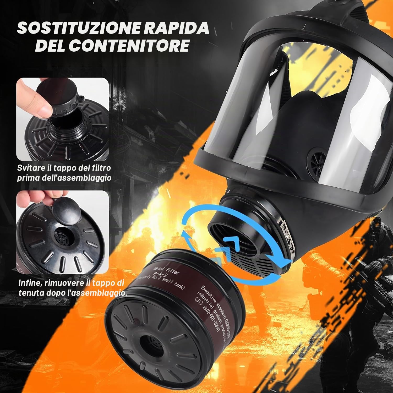 Maschera antigas chimica, maschera respiratoria integrale con filtro a carbone attivo da 40 mm per polvere, gas, vapori, sostanze chimiche, resina, levigatura, spruzzatura, lavori di costruzione