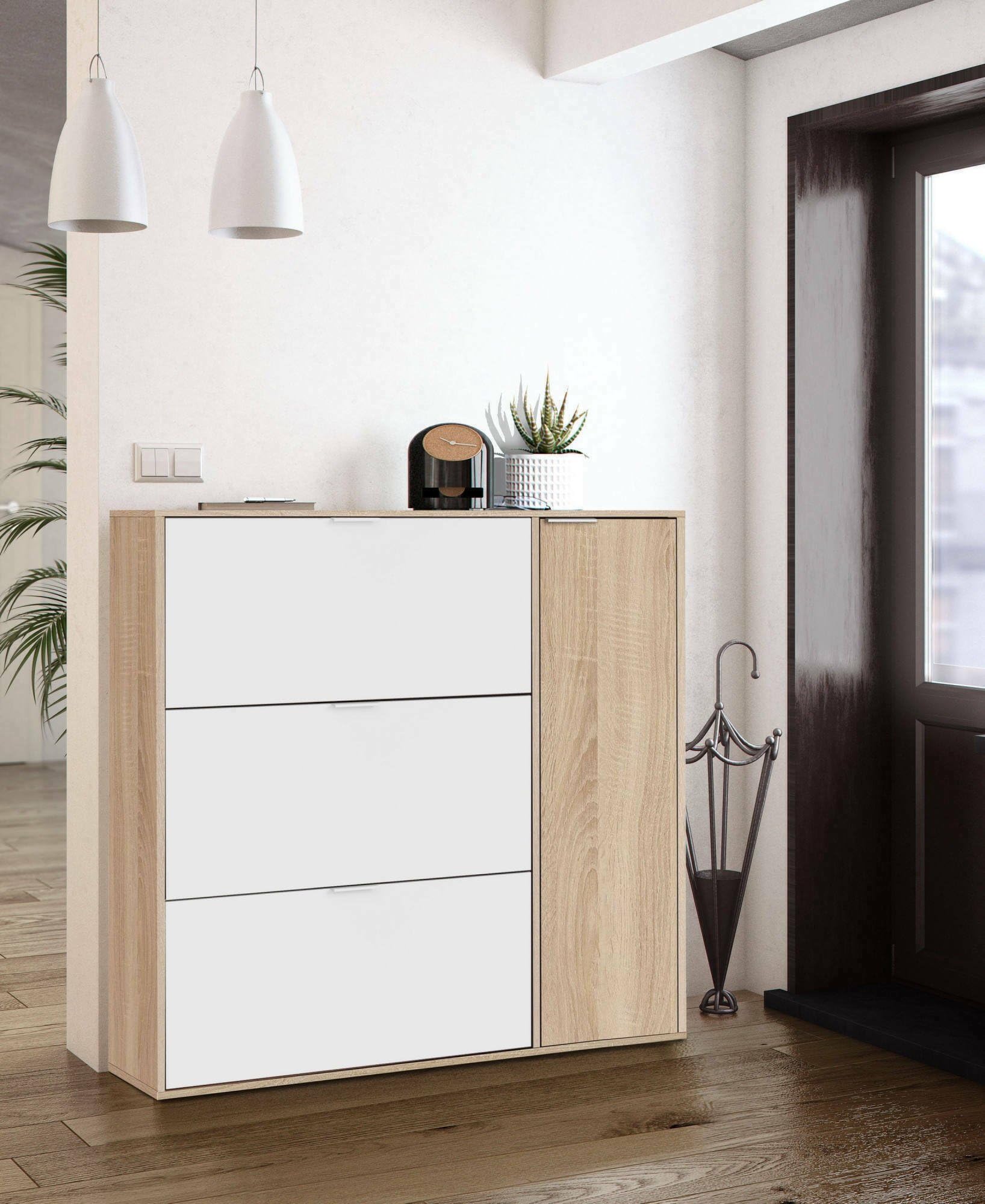 Dmora - Étagère à chaussures Provo, armoire à chaussures 4 portes, armoire basse polyvalente avec 5 étagères, étagère à chaussures moderne, 106x22h115 cm, chêne et blanc