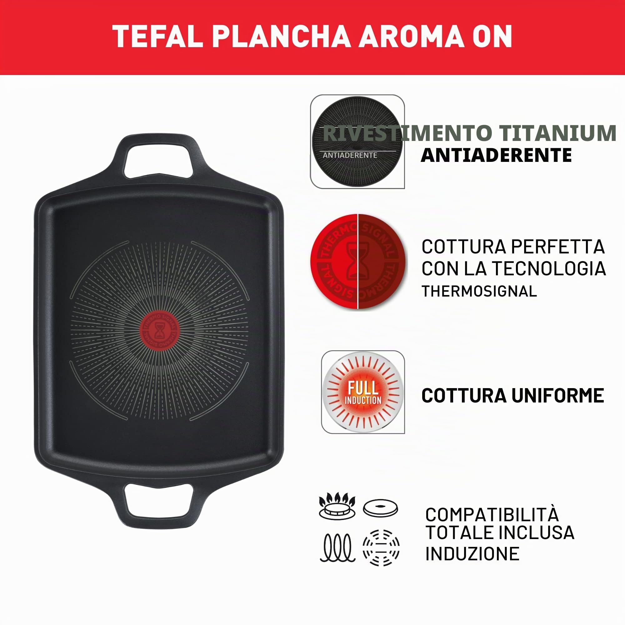 Tefal E2499845 Aroma On - Piastra in alluminio pressofuso, rivestimento in titanio antiaderente e thermosport, adatta a tutti i tipi di fornelli, base spessa adatta per induzione, 26 x 32 cm