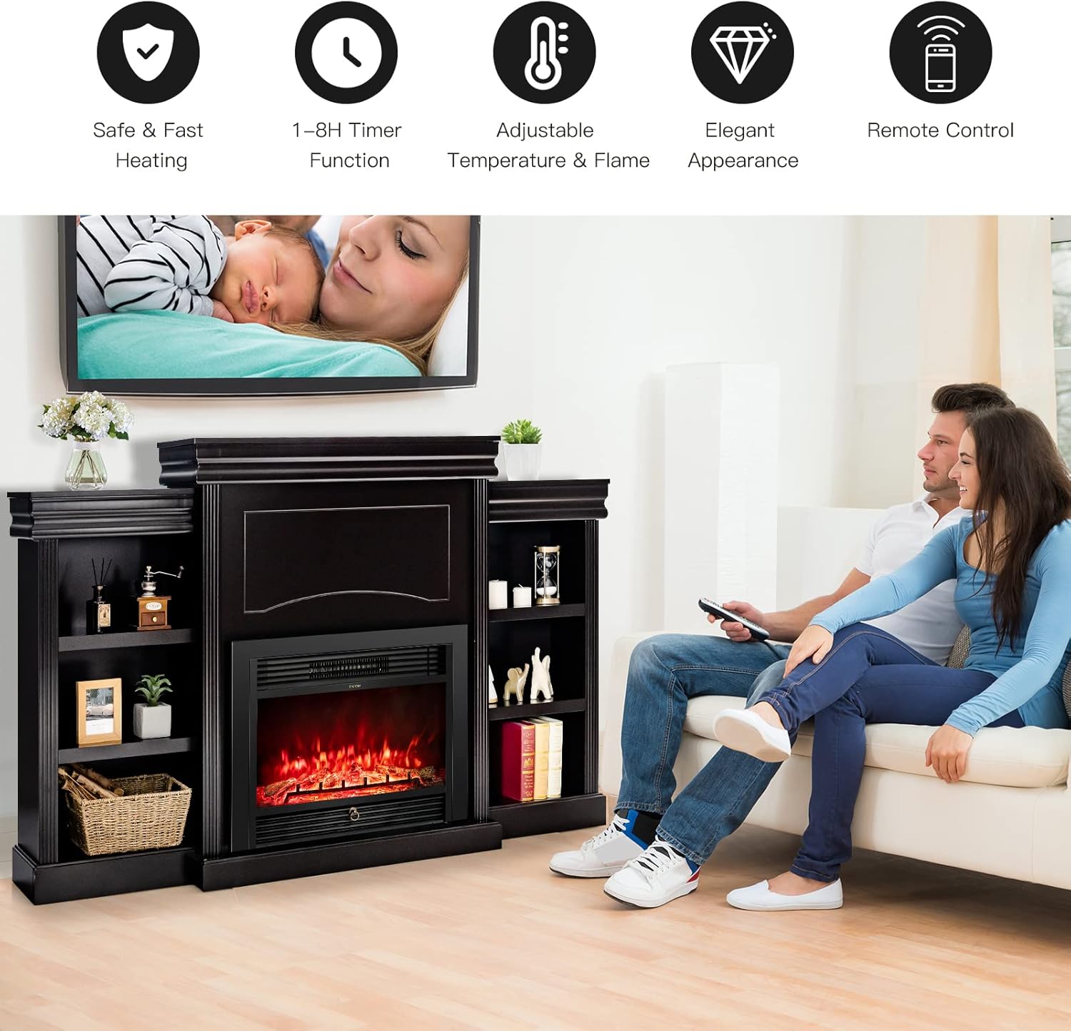 Tangkula 70" Mantel Fireplace, 750W/1500W Electric Fireplace w/Mantel & Built-in Bookshelves, 28.5-Inch Electric Fireplace w/Remote Control, 1-8H Timer, Adjustable Flame Brightness & Color (Black)