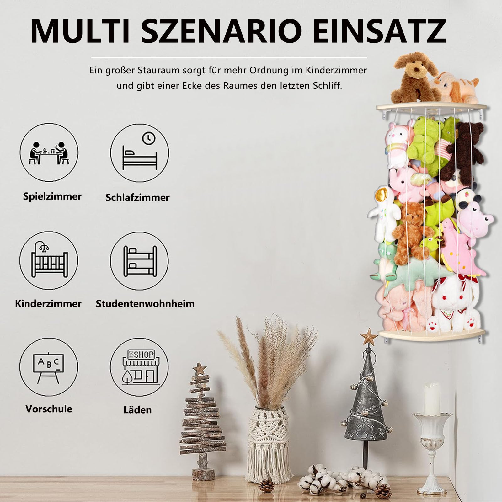 GUIGUZI Kuscheltier Aufbewahrung Organizer, Holz Eck Stofftier Regal, Kinderzimmer Hängend Spielzeug Organizer für Plüschtiere und Teddybären