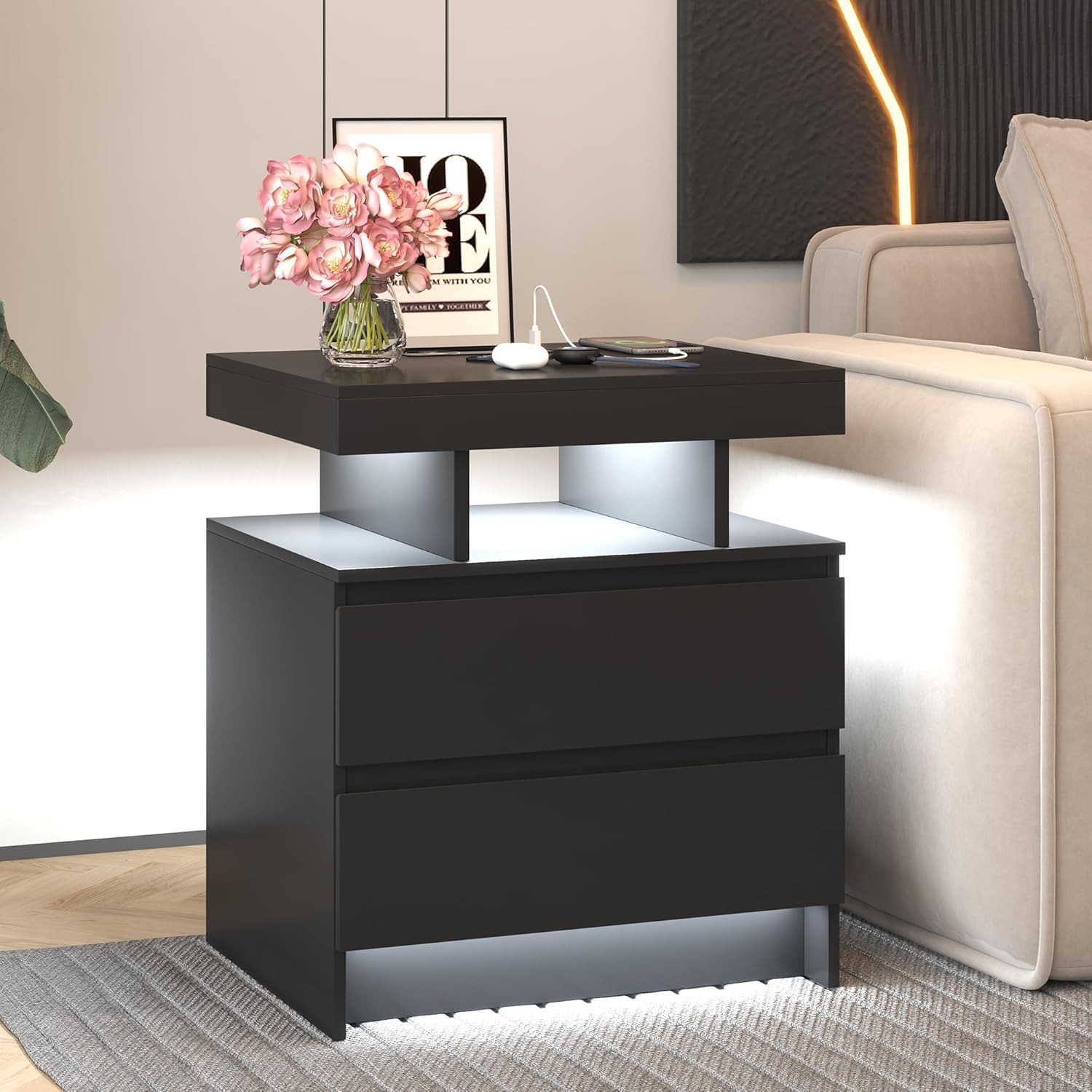 dnbss Comodino con stazione di ricarica e luce LED, comodino moderno con 2 cassetti, comodino intelligente con porte USB e caricabatterie wireless, comodino per camera da letto, nero