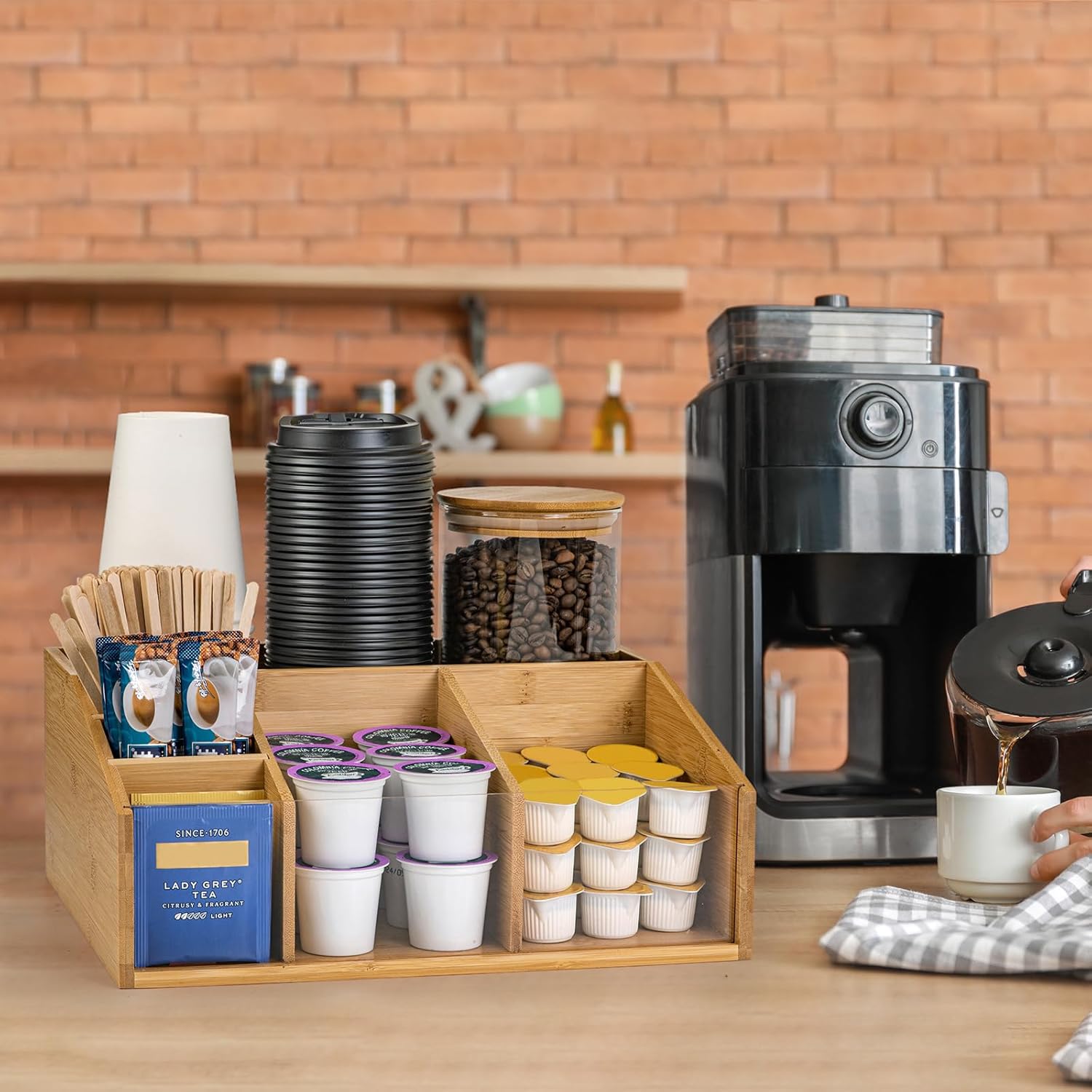 Bamboo Coffee Station Organizer for Countertop, Coffee Bar Accessories Organizer with 6 Compartments for Tea Bags Condiment, Pods, Creamer, Syrup, Cups