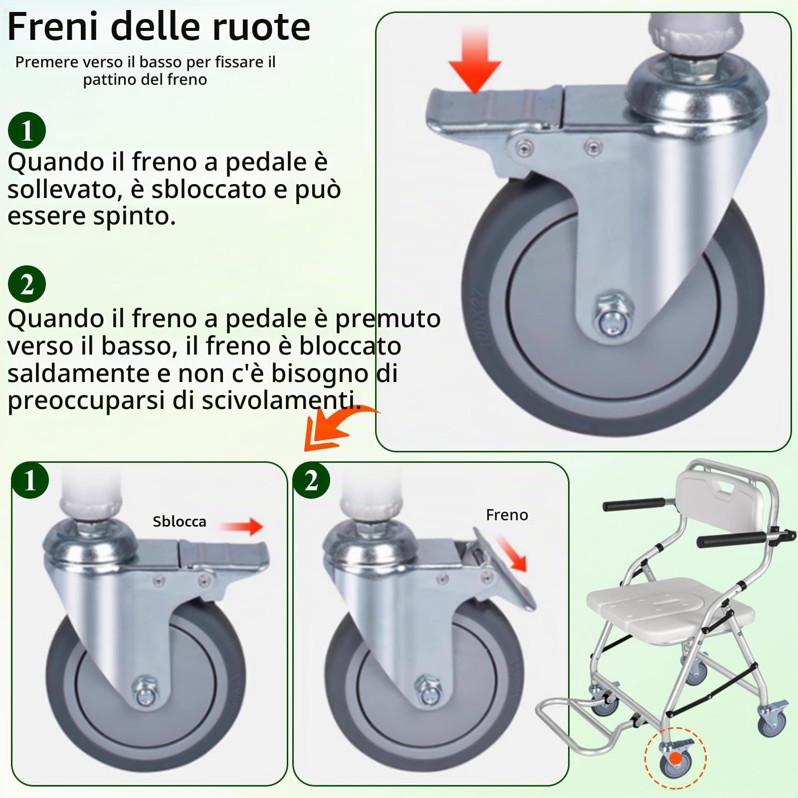 Sedia da Doccia con Ruote, Sedia per Doccia per Anziani e Disabili | Sedile da Sgabello Bagno Pieghevole con Ruote Universali, Quattro Ruote con Freni, Braccioli e Schienale, Carico 120 kg