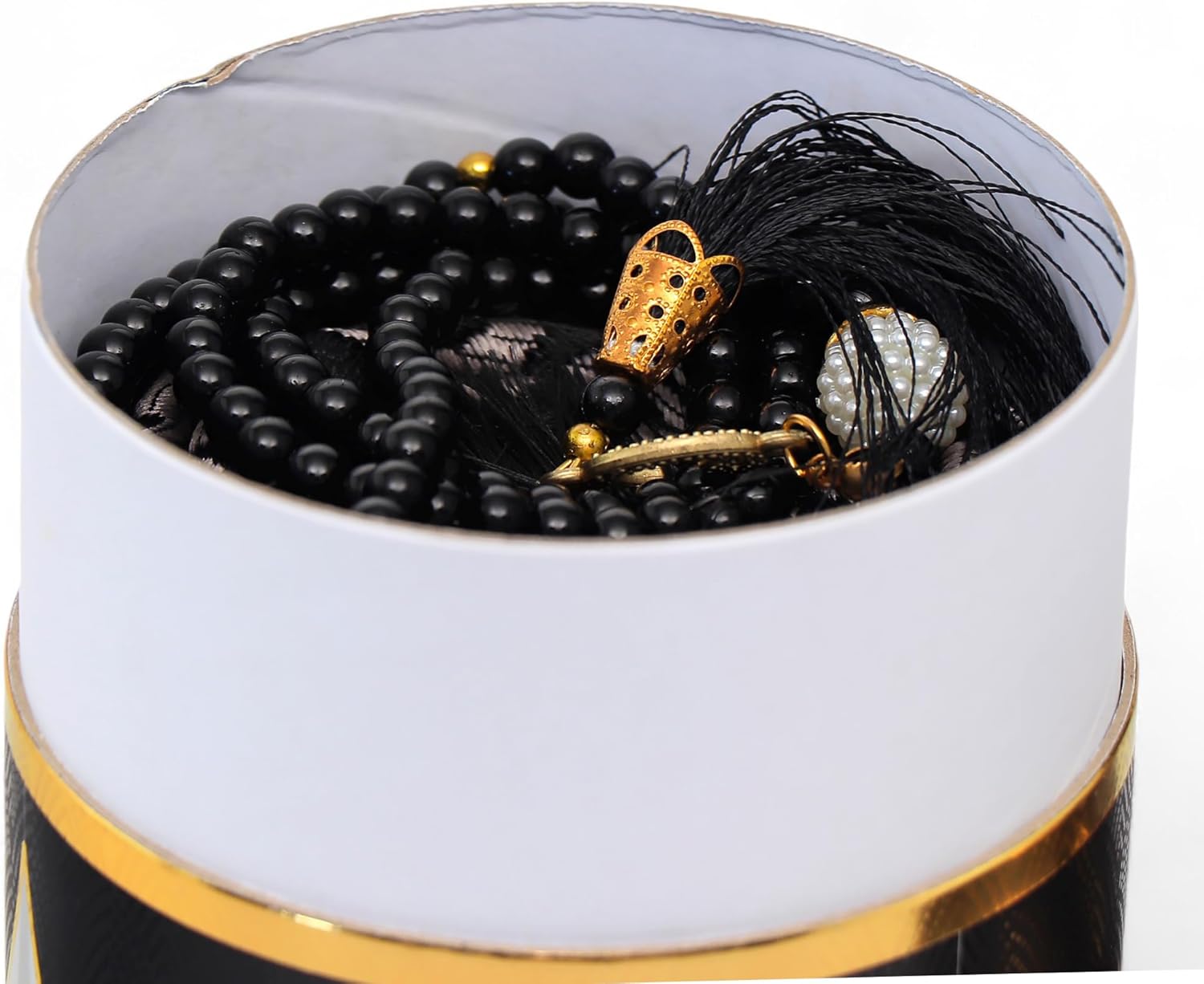 FURKAN Muslim Prayer Rug & Beads Set with Stylish Cylinder Gift Box Janamaz Sajadah Prayer Mat Perfect Islamic Spiritual Gift for Ramadan Islamic, Cylinder Gift Box - Model 2 - Black