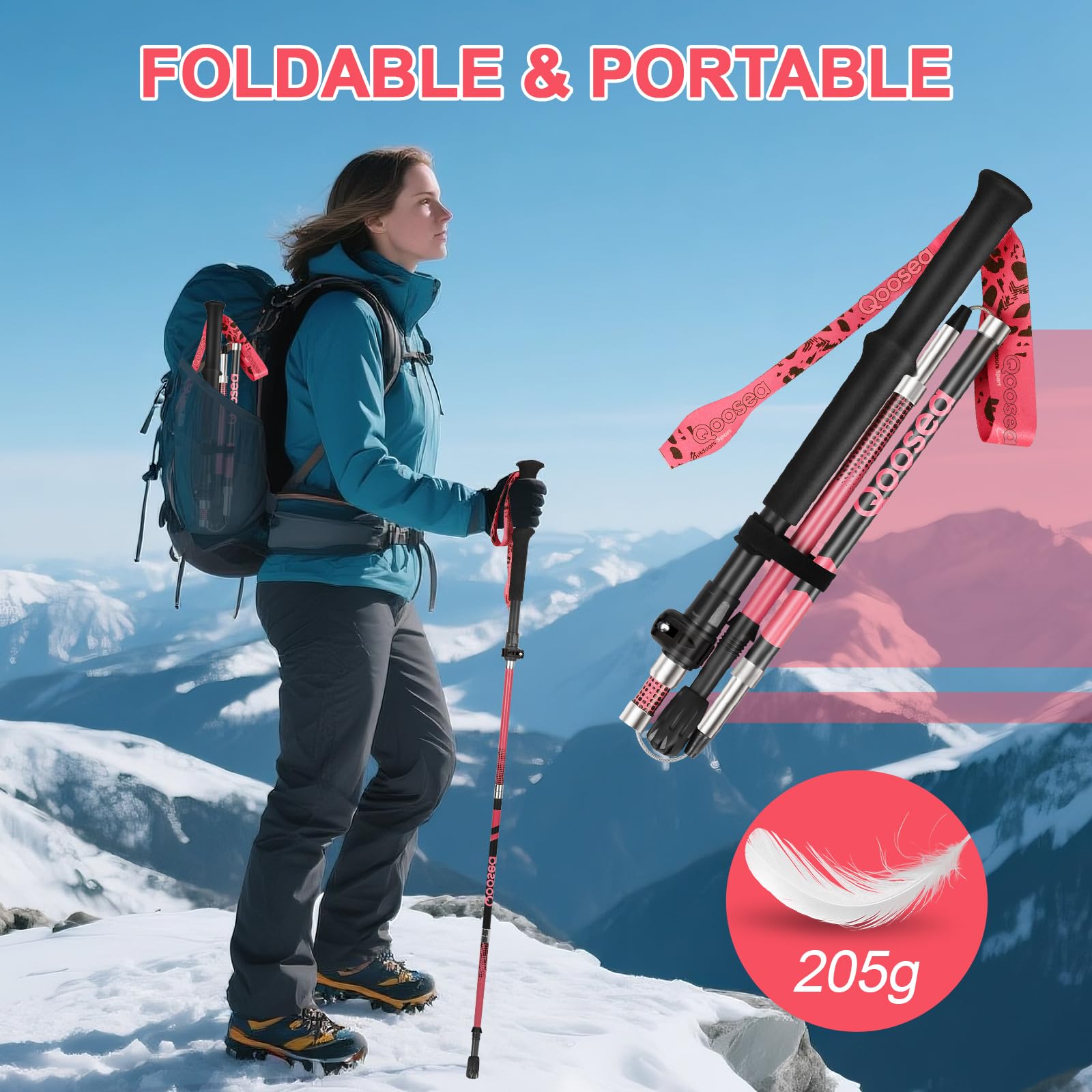 Qoosea Bastone da Trekking per Donna, Pieghevole e Regolabile 110-125 cm in Fibra di Carbonio - Bastoncino da Camminata Nordica Ultraleggero per Escursionismo, Alpinismo e Sci