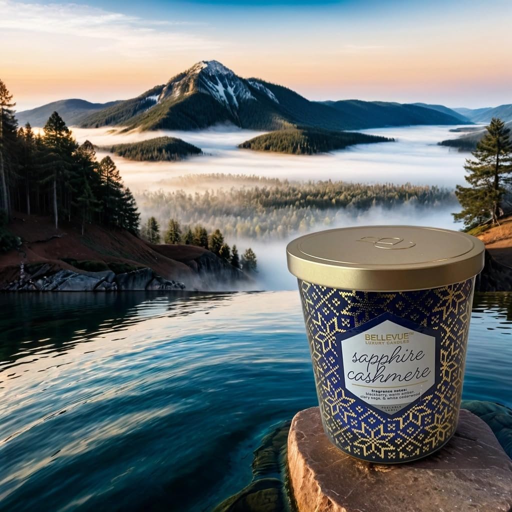 Bellevue Luxury Candles, 12 OZ Fragranced Candle, Soy Blend Wax, Essential Oils, Long-Lasting Burn, Home Fragrances, Aromatherapy Home Scented Candles Scent Sapphire Cashmere Pack of 2