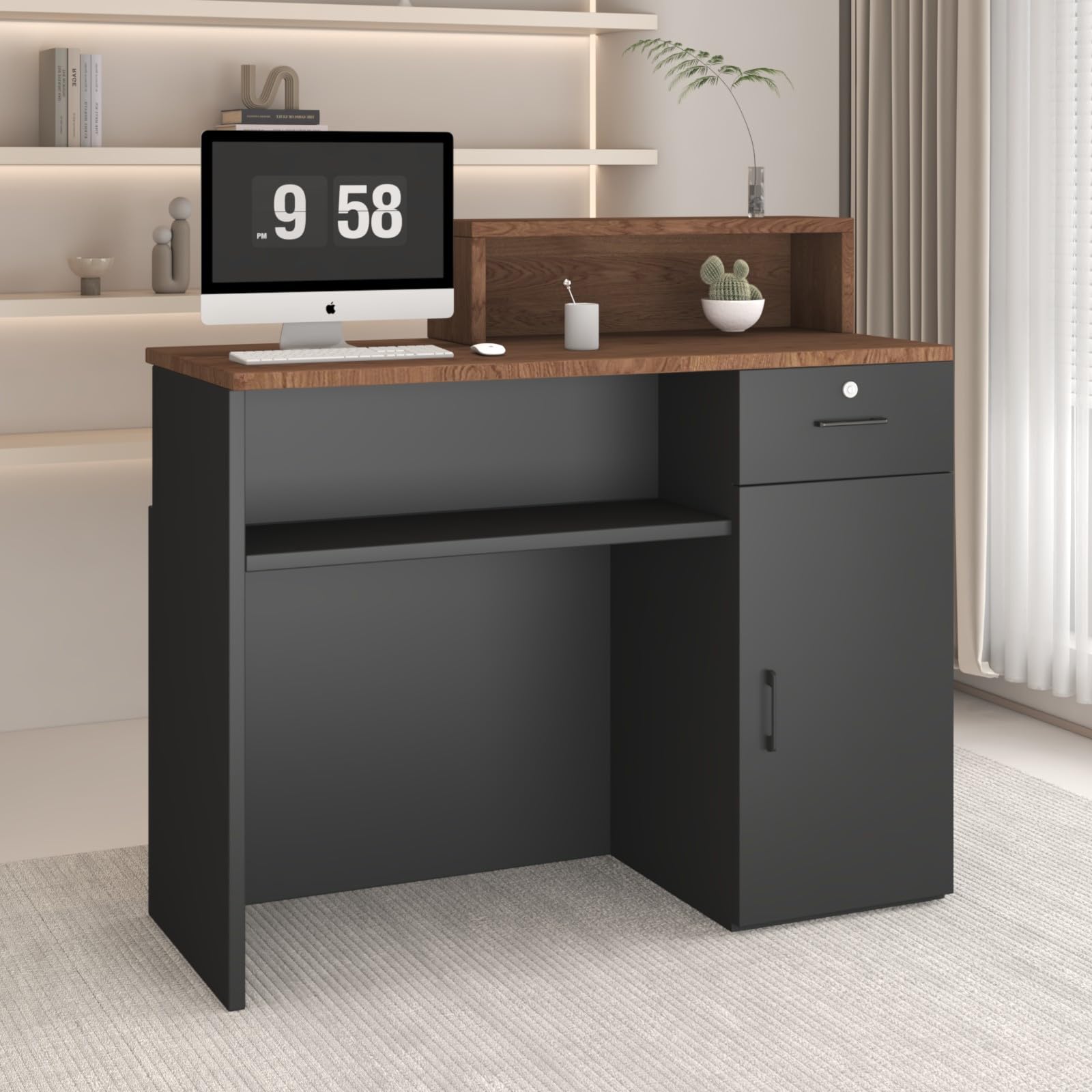 Bureau de réception et boîtes de réception - Bureau avec étagères ouvertes, bureau de réception en bois pour coiffeur, beauty studio, magasin, supermarché, caisses (avec Drawer B)