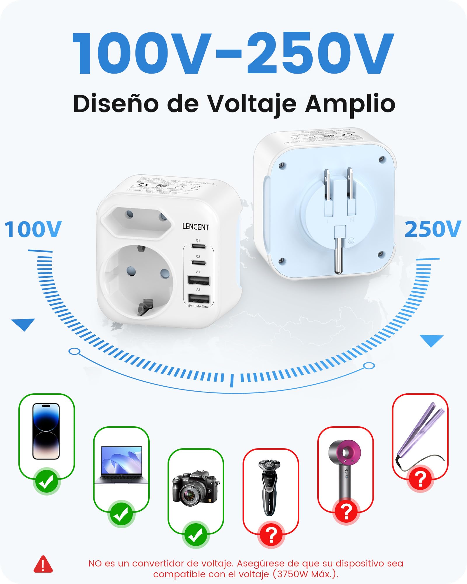 LENCENT Tipo A y Tipo B Combinación Adaptador Enchufe Plegable, Adaptador Corriente de Viaje para EE.UU., Canadá, México, Tailandia, Japón, Vietnam, República Dominicana, Costa Rica, Colombia — view 7