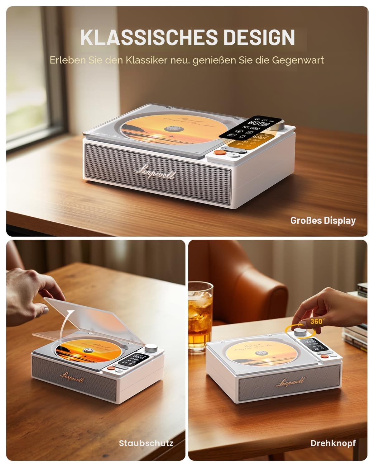 CD Player Tragbar, Leapwell Tragbarer CD Player mit Lautsprecher Bluetooth CD-Player mit Fernbedienung Kinder Mini CD Spieler Anti Skip mit AUX Optisch USB LCD Bildschirm Weiß