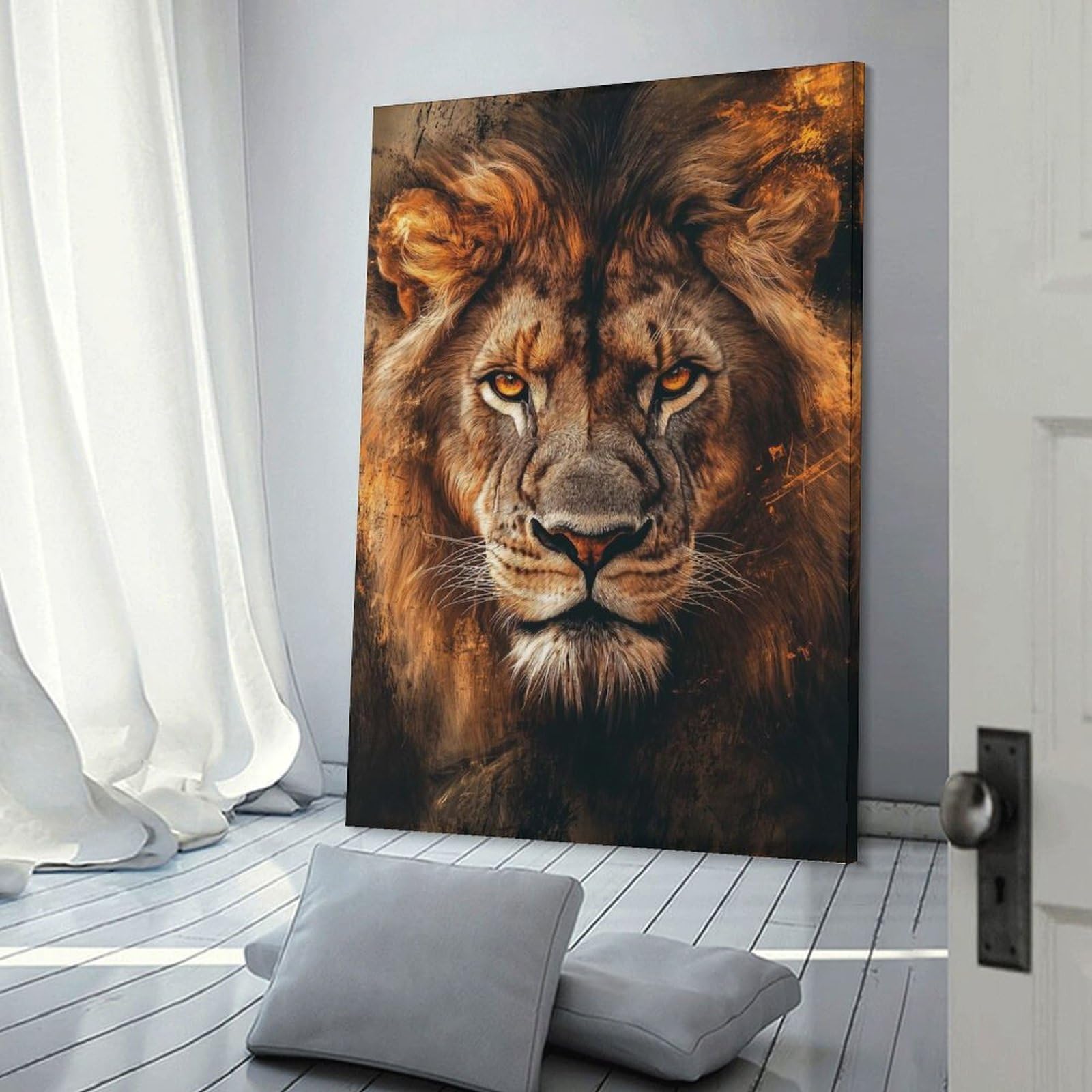 Junmoney Frame-Style-9 Lion Portrait Wall Picture Print, 24X36inch(60X90cm), For New Homes, Bedrooms Or Workspaces, Thoughtful Wall Decor For Art Lovers