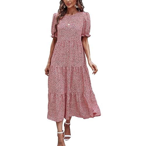 PRETTYGARDEN Women's Summer Casual Boho Dress Floral Print Ruffle Puff Sleeve High Waist Midi Beach Dresses