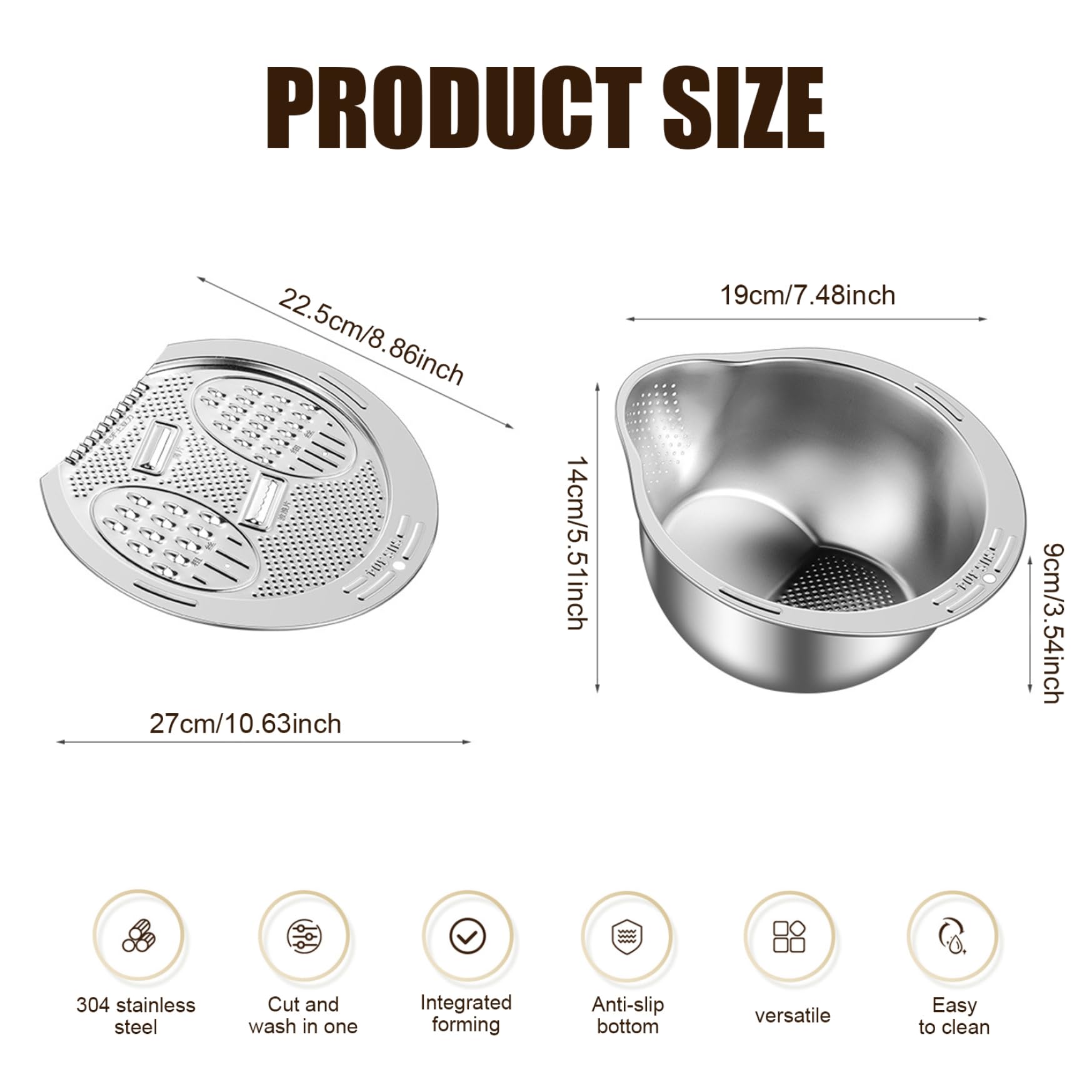 Colander Bowl,Rice Strainer Side Draining Rice Washer with Grater Lid 304 Stainless Steel Rice Washing Bowl with Hanging Hole V-shaped Bottom Colander Bowl