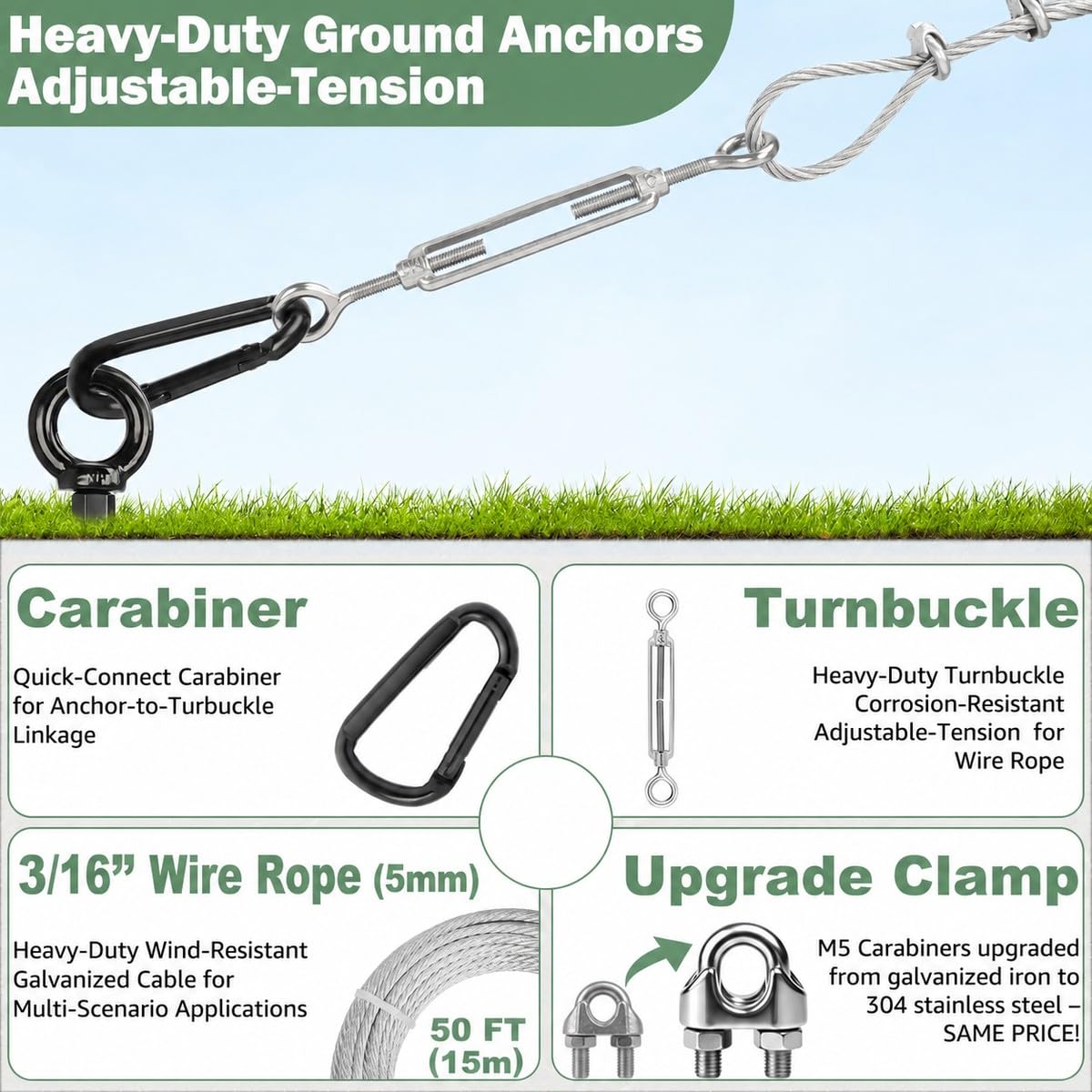Tinnmao Kit di ancoraggio a terra da 76 cm, resistente, con cavo zincato e tenditori, ancoraggio a vite per capannoni, altalene, case mobili, trampolini