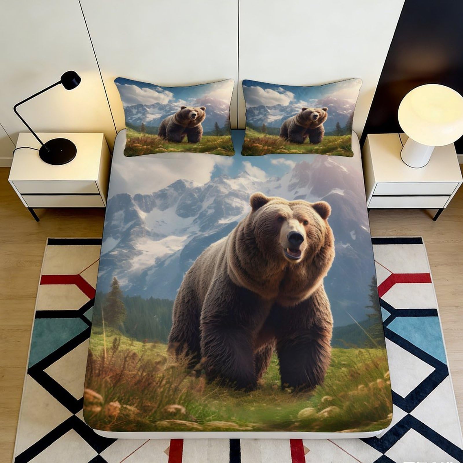 Uynsixtme Style-10 3D Printed Bear Fitted Sheet Microfiber Deep Pocket Non-Slip Bedding Bear Mattress Fitted Cover Elastic Hem Washable For Adults 200X200x25cm