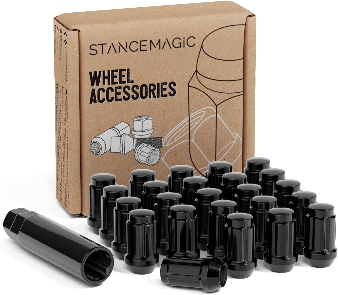 24pcs Chrome Silver Spline Drive Lug Nuts - 1/2x20 Threads - 1.4 inch Length - Closed End - Cone Acorn Taper Seat - Includes 1 Socket Key Tool - Compatible with Dodge Dakota Durango Viper