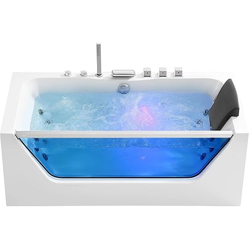 Empava 59 in. Acrylic Alcove Whirlpool Bathtub - Hydromassage Rectangular Jetted Soaking Tub with Center Drain - Waterfall Faucet