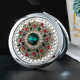 Vintage Compact Mirror, 3" Round, Green Stone, 1x/2x Magnification, Portable, Gift Boxed