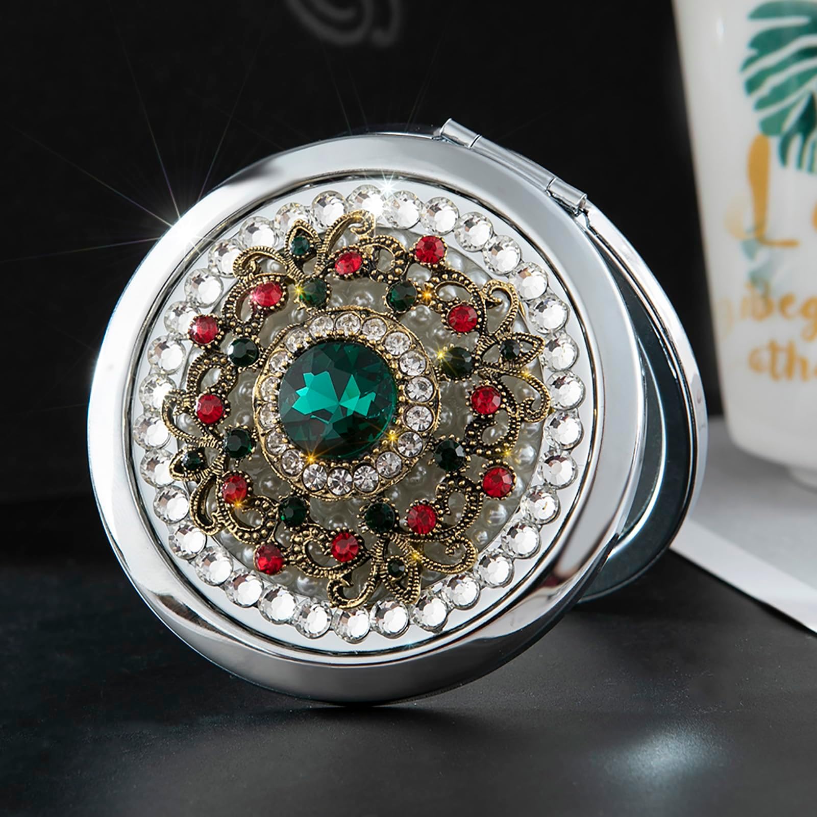 Vintage Compact Mirror, 3" Round, Green Stone, 1x/2x Magnification, Portable, Gift Boxed