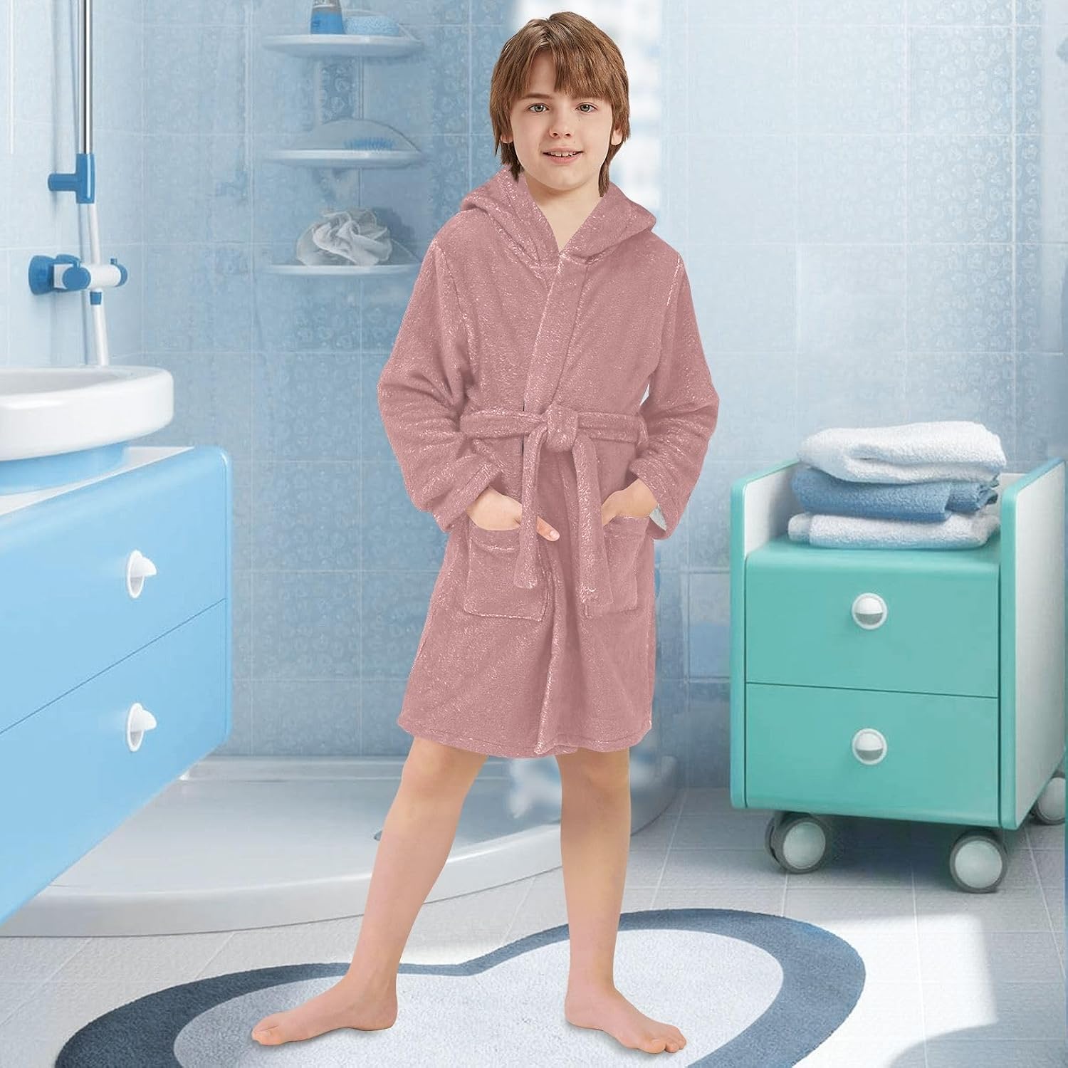 Old Rose Kids Bathrobe, Soft Plush Hooded Towel, Quick Dry Bath Robe for Boys Girls, Beach Swimming Cover Up