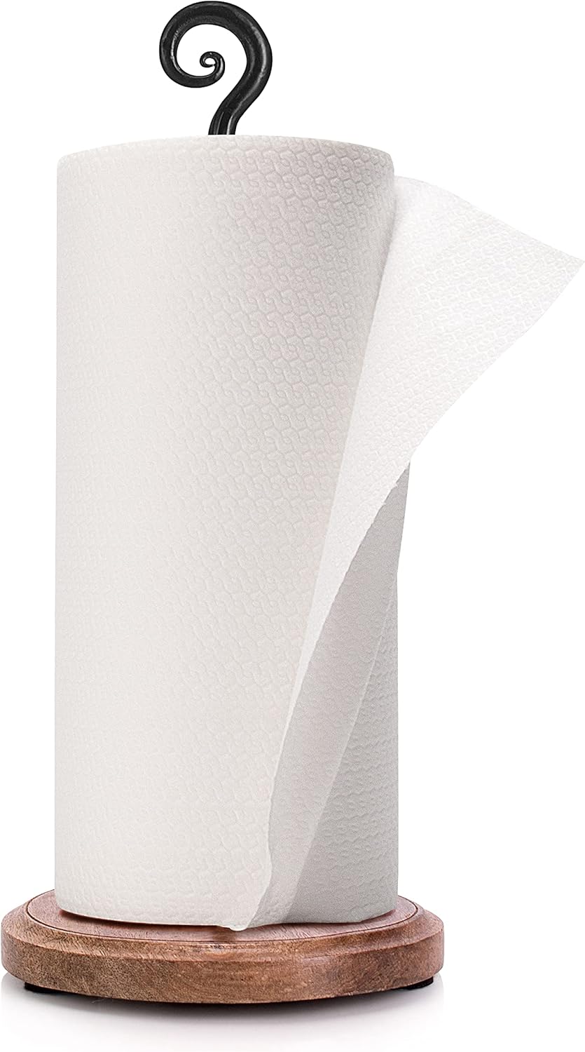 Decorative Wood and Iron Countertop Paper Towels Holder Standing Roll Dispenser Rack (Black) MD19005-B