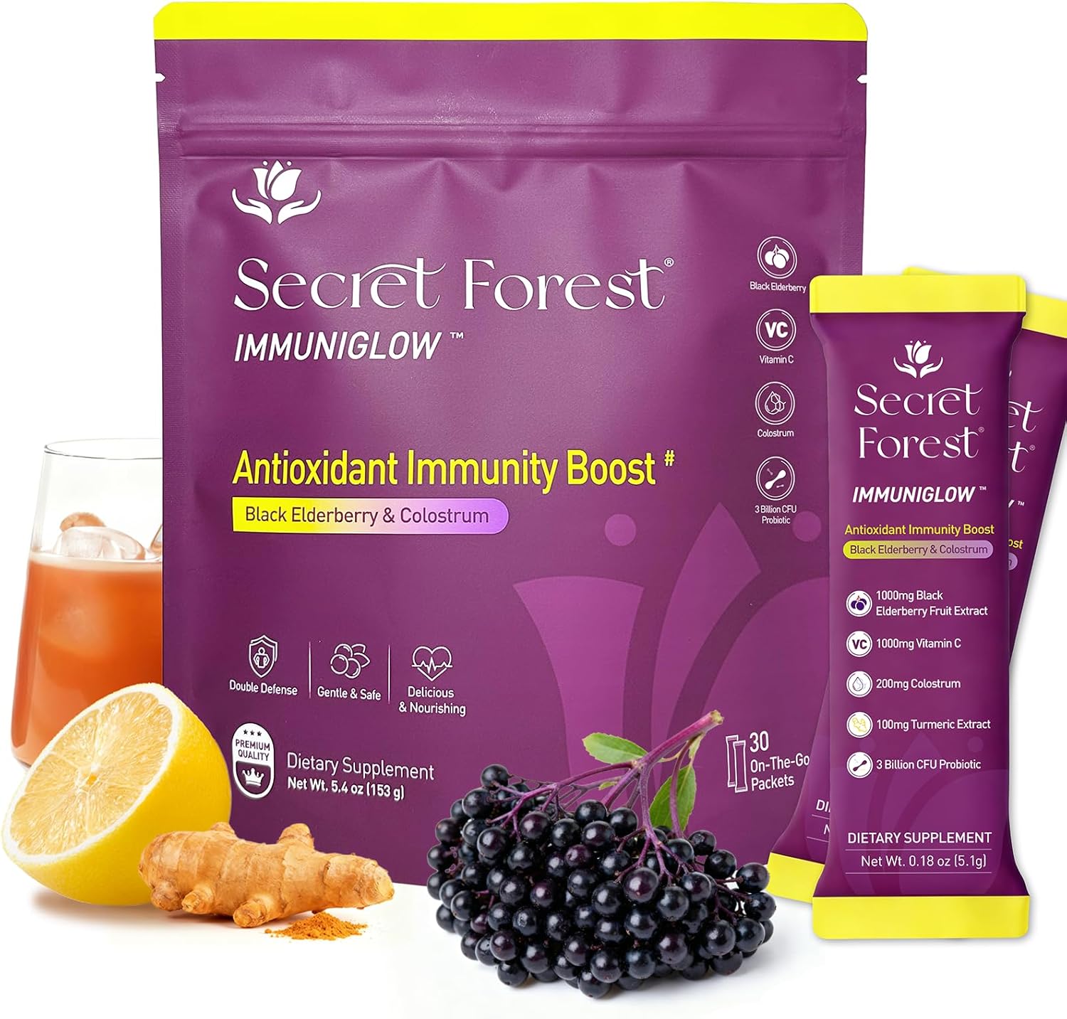 Secret Forest ImmuniGlow, 30 Packets – Vitamin C, Black Elderberry, Colostrum, Turmeric, Zinc & Probiotics – Antioxidant & Recovery Formula, Daily Immunity, Late-Night Wellness & Gut Support Drink Mix
