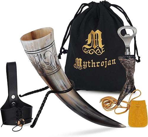 Vista 18 de Mythrojan Cuerno vikingo para beber 100% natural, auténtico, decoración de latón, cuerno nórdico con funda de cuero negro, bolsa de lona para vino