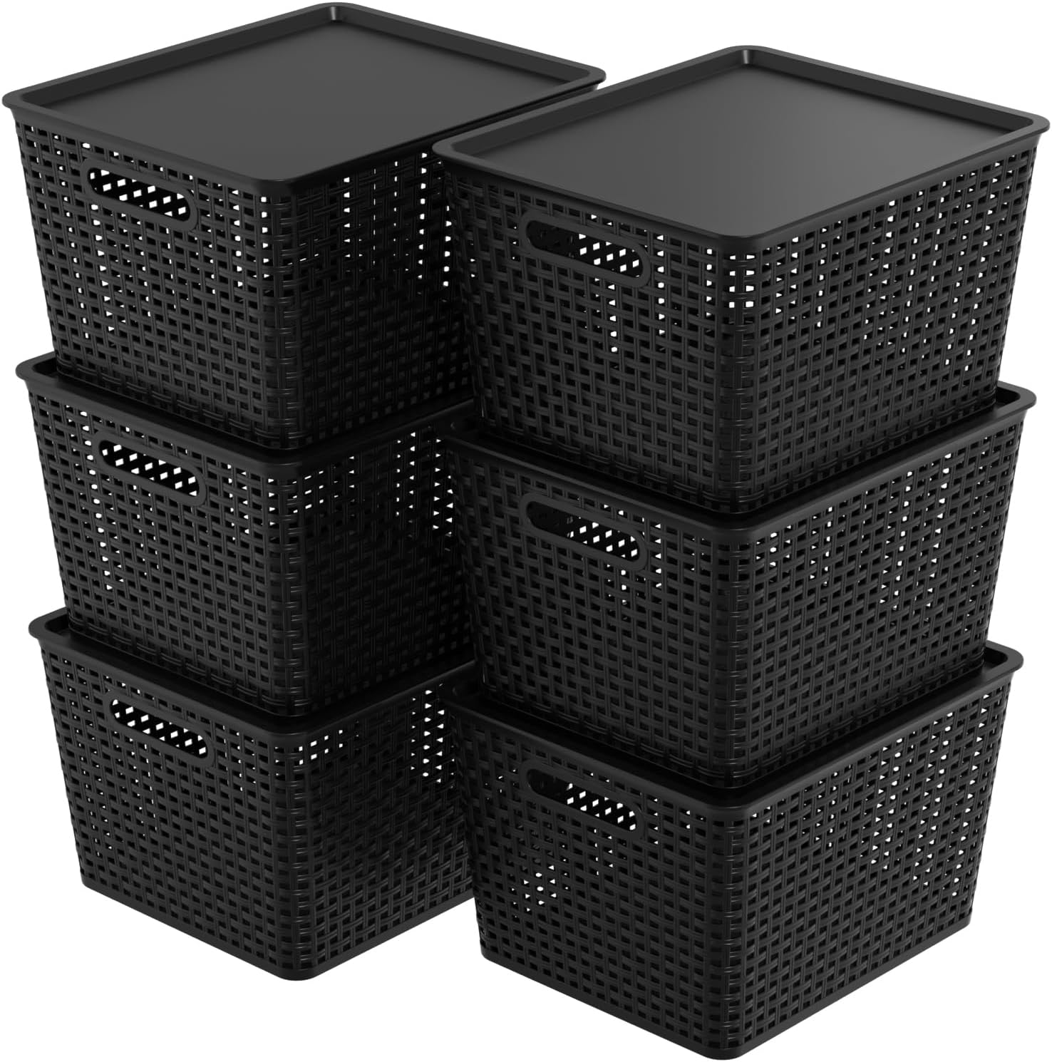 Ramddy Large Plastic Basket with Lid, Black Woven Storage Baskets, 6 Pack