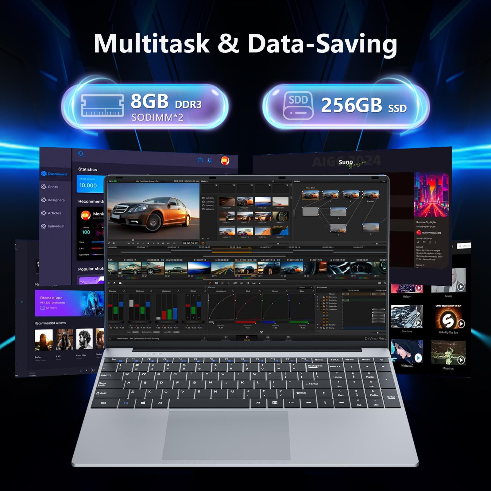 PC Portatile 15,6 Pollici, Notebook Win 11 8Go RAM 256Go SSD, Laptop Core M3 6Y30 CPU Tastiera Numerico Retroilluminata, Computer Portatile sottile e leggero schermo FHD 180° HDMI USB3.0 WiFi5 BT4.2