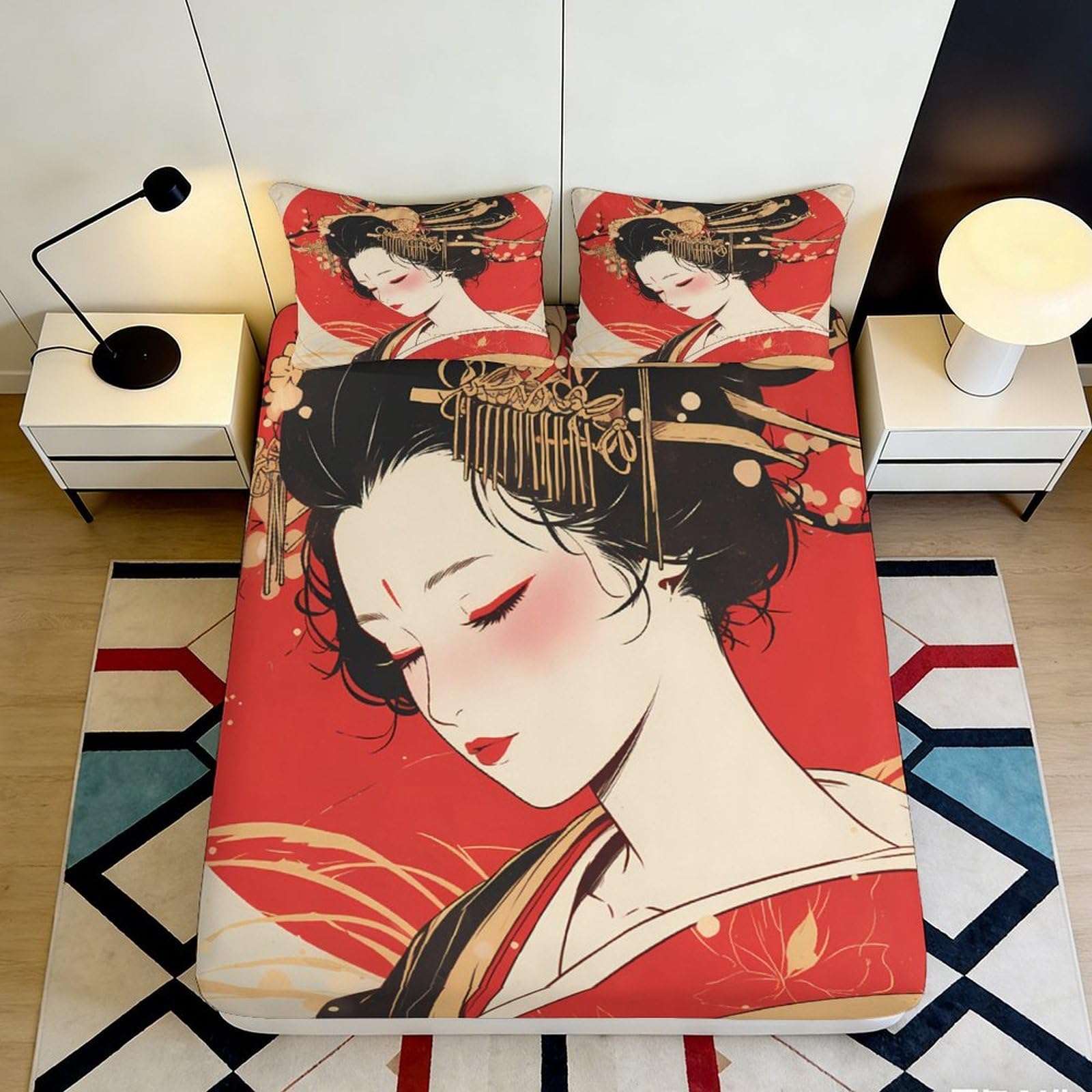 3D Printed Japanese Geisha Fitted Sheet Microfiber Soft Red Artistic Mattress Cover Bedroom Decor 90x200x25cm