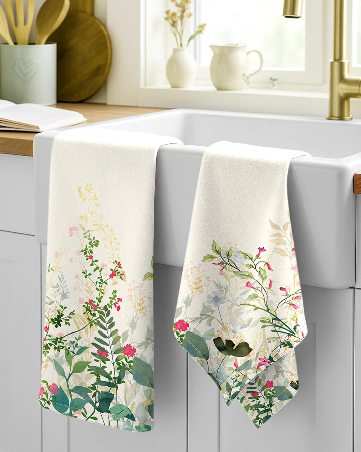 Flour Sack Kitchen Towels Set of 2-18x26 Cotton Dish Towels with Hanging Loop Reusable Tea Towel for Cleaning Spring Absorbent Dishcloths Cute Home Decor Housewarming, Ink Flowers - Image 2