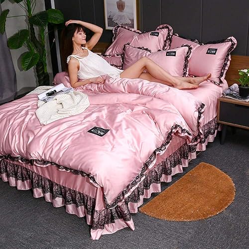 Ropa de cama de 4 piezas, falda de cama de seda lavada, funda de edredón de verano de cuatro piezas, estilo europeo, color nude, para dormir,