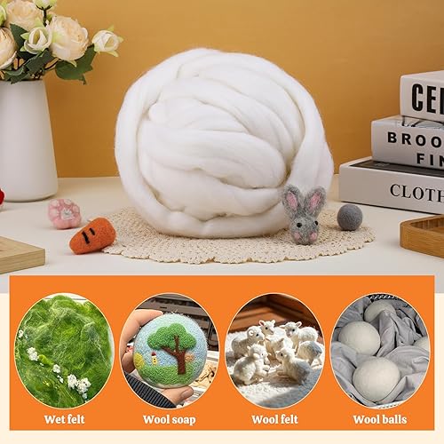 Vista 183 de 3.53 oz lana Roving, suministros de fieltro de lana, lana pura, hilo grueso, hilado de lana giratoria para fieltro de aguja, fieltro húmedo, Blanco