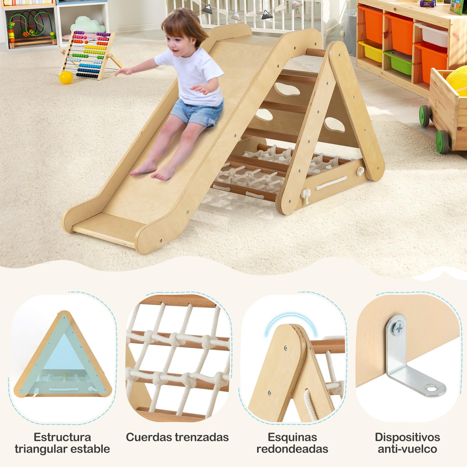 COSTWAY 4 en 1 Triángulo de Escalada para Niños, Escalador Triangular con Tablero Deslizante, Juego de Escalada de Madera para Interior con Red de Escalada para Hogar(Natural)