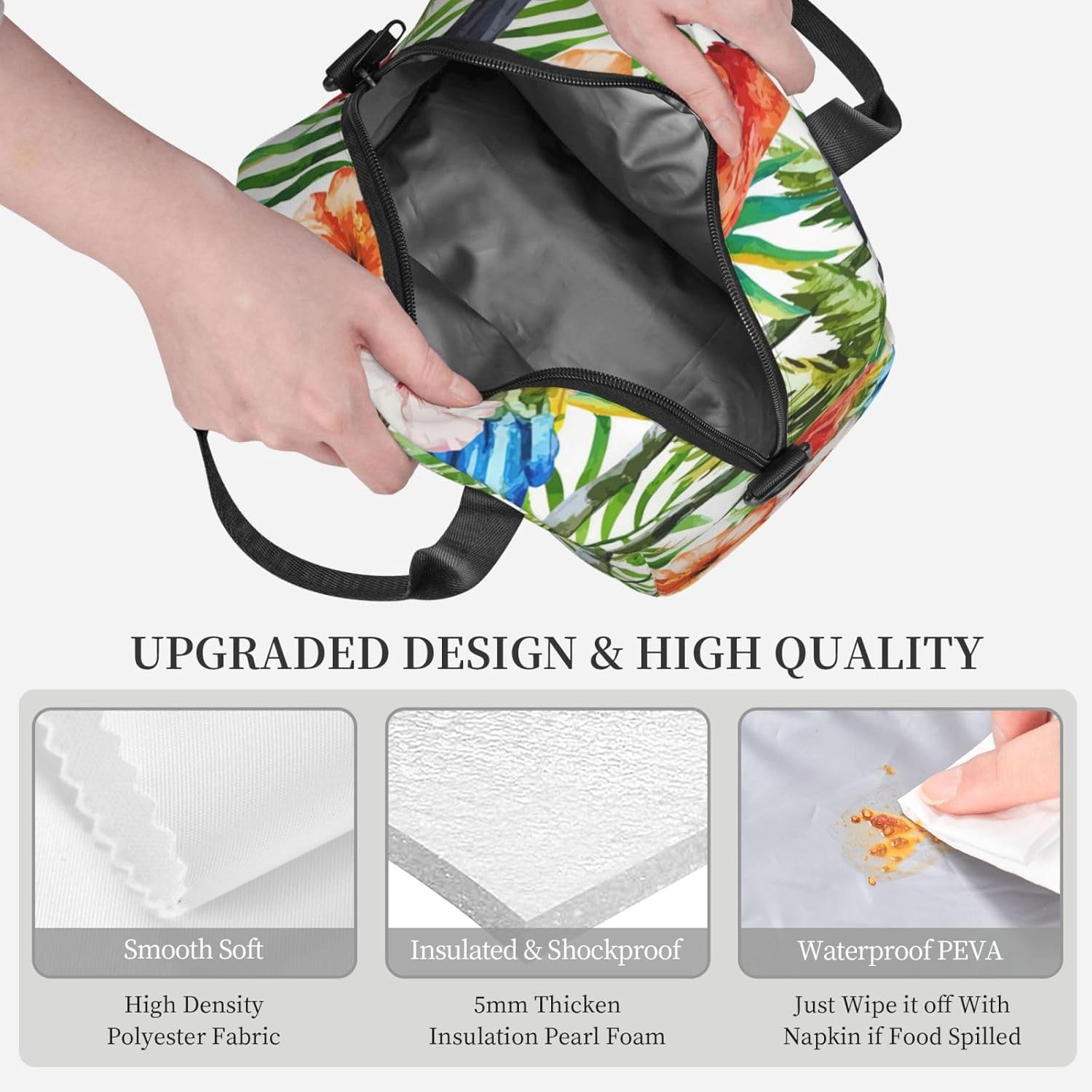 Toucans Parrot palm tree leaves Print Reusable Lunch Bag Insulated Lunch Boxes for Office Work Picnic Tote Bag Adjustable