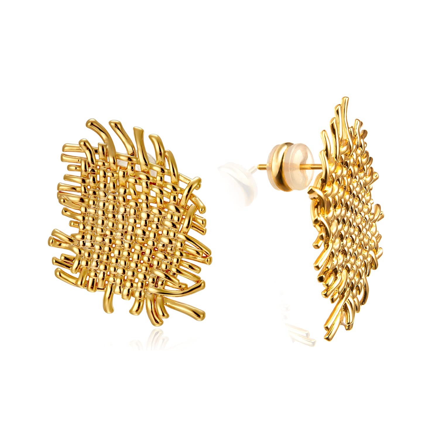 LecAit Gold Statement Earrings for Women,Flat Woven Texture Stud Earrings 925 Sterling Silver Post Hypoallergenic Earrings for Women Girls Jewelry Gifts