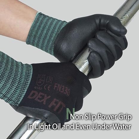 DEX FIT Nitrile Work Gloves FN330, 3D Comfort Fit, Touchscreen Grip Gloves for Warehouse, Construction, Package Handling, Delivery & General Work, Men & Women, Black, XS, 3 Pairs