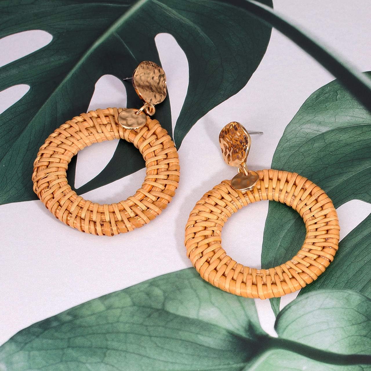 Rattan Hoop Earrings Woven Handmade Straw Circle Drop Earrings Hammered Disc Stud Wicker Bohemian Lightweight Earrings for women - Image 5