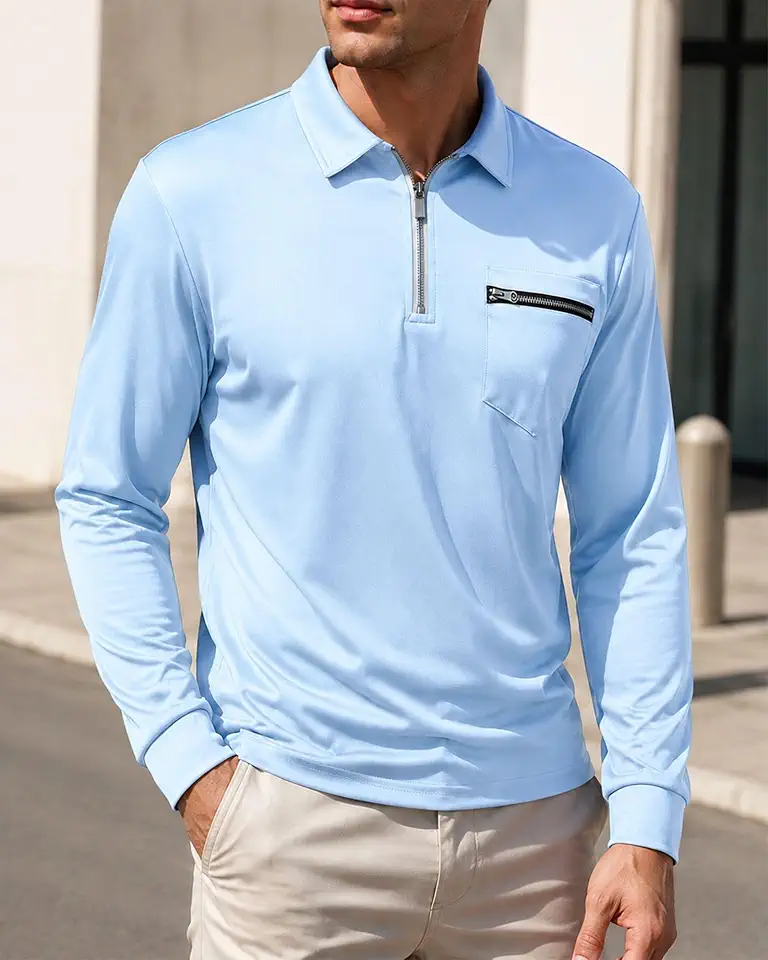 Men Polo Shirt Turn Down Collar Chest Zip Pocket Solid Long Sleeve Tee