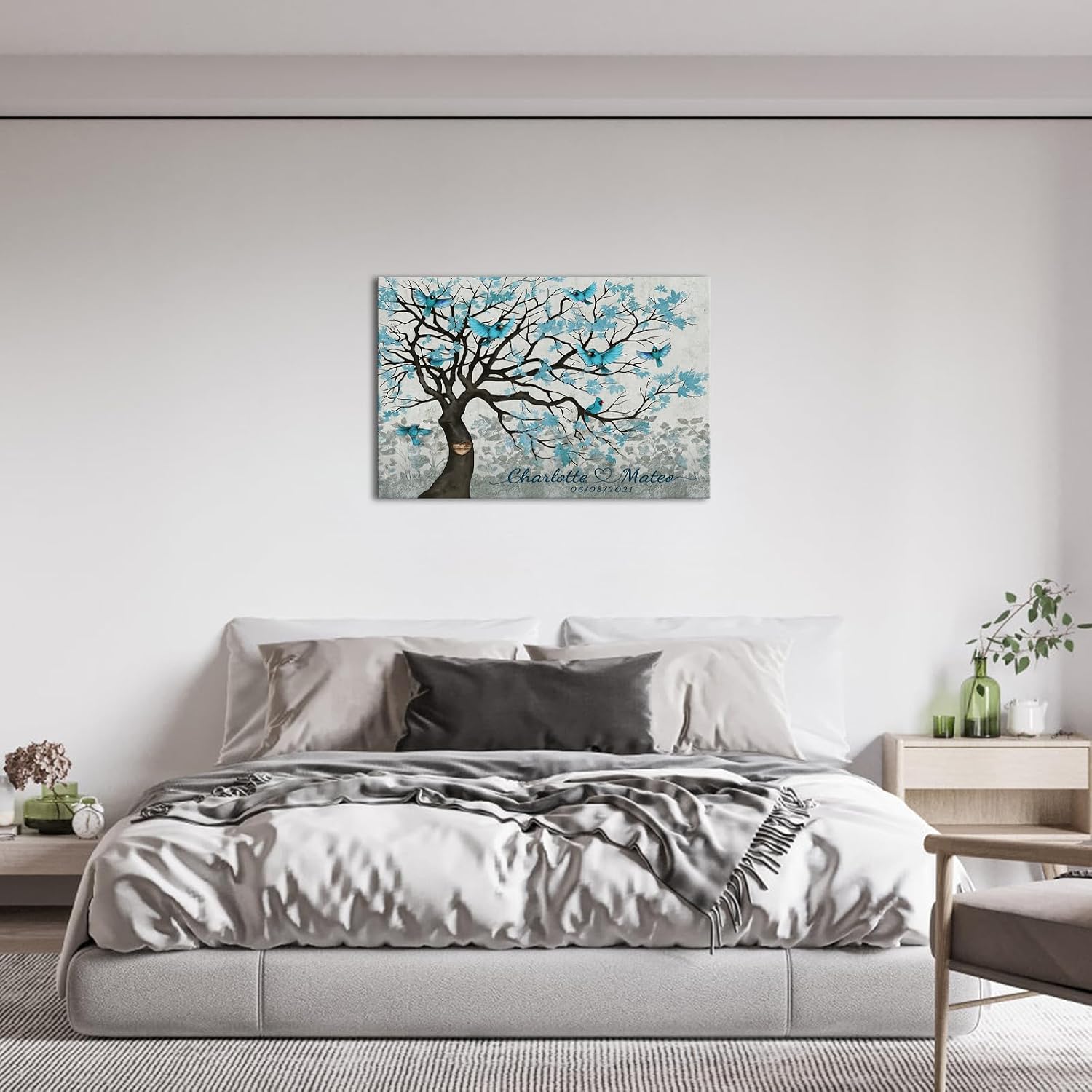 iLOOKLiKE Personalized Family Tree with Couple'S Names and Date Wall Art Decor Blue Cardinals Birds on Heart Shape Tree of Life Canvas Prints Custom Poster Love Gifts for Home Anniversary Wedding