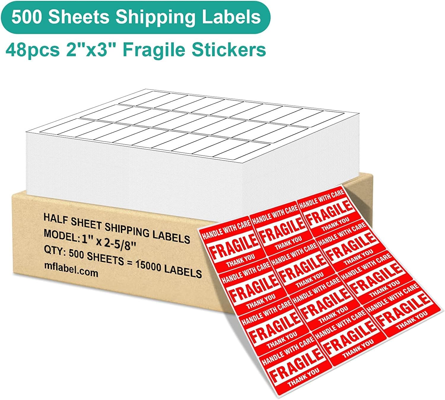 MFLABEL 1" x 2-5/8" Address Labels for Laser & Inkjet Printers 15,000 White Shipping Stickers(500Sheets,30/Sheet)+48 Free Fragile Stickers | Easy to Peel,Mailing Labels for Packages, Shipping - Image 3