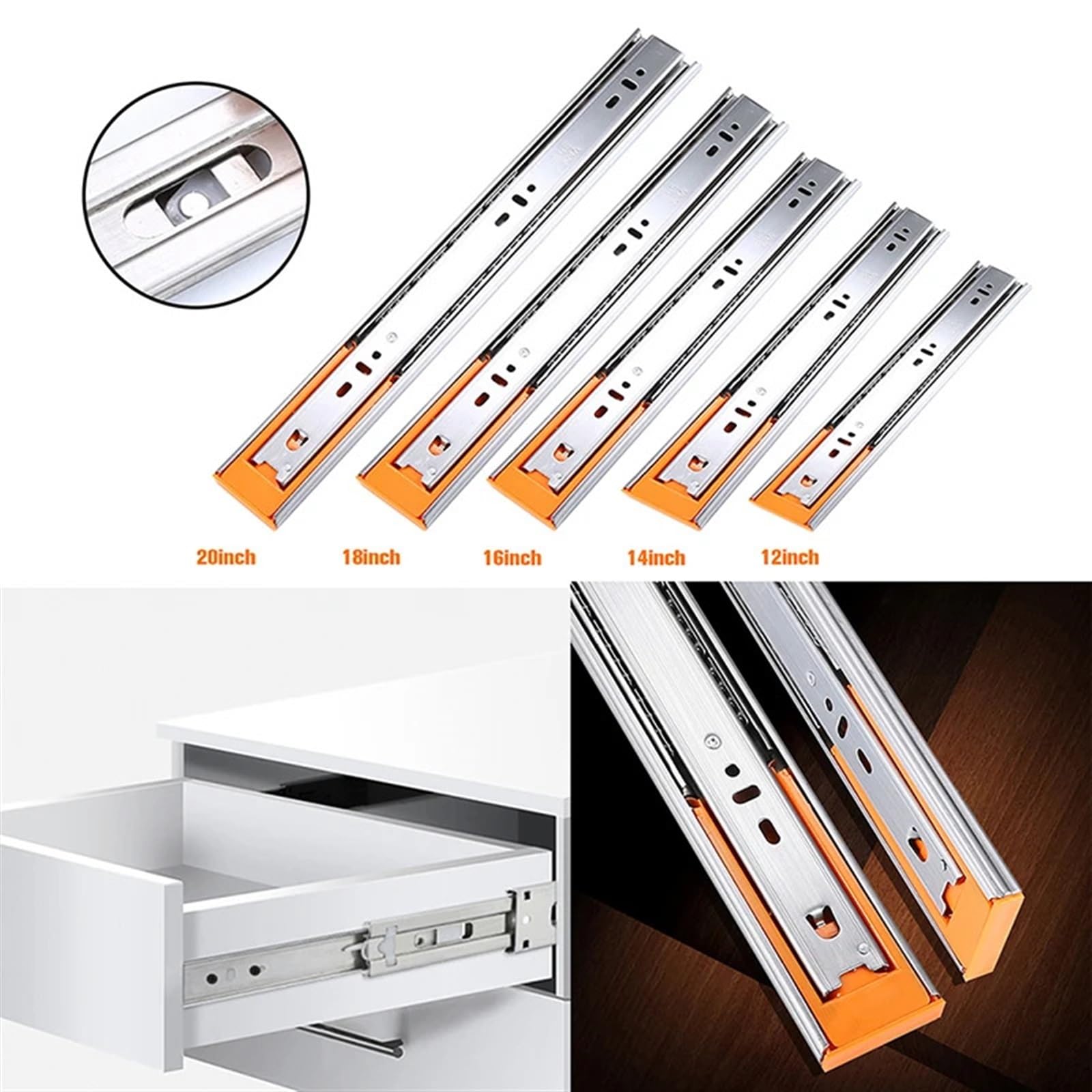 SSHHM Glissières Pour Tiroirs à Roulement à Billes, 3 Sections Tiroir Rail De Tiroir, Acier Laminéà Froid, Roulement 45 Kg/blanc / 12 In(30cm