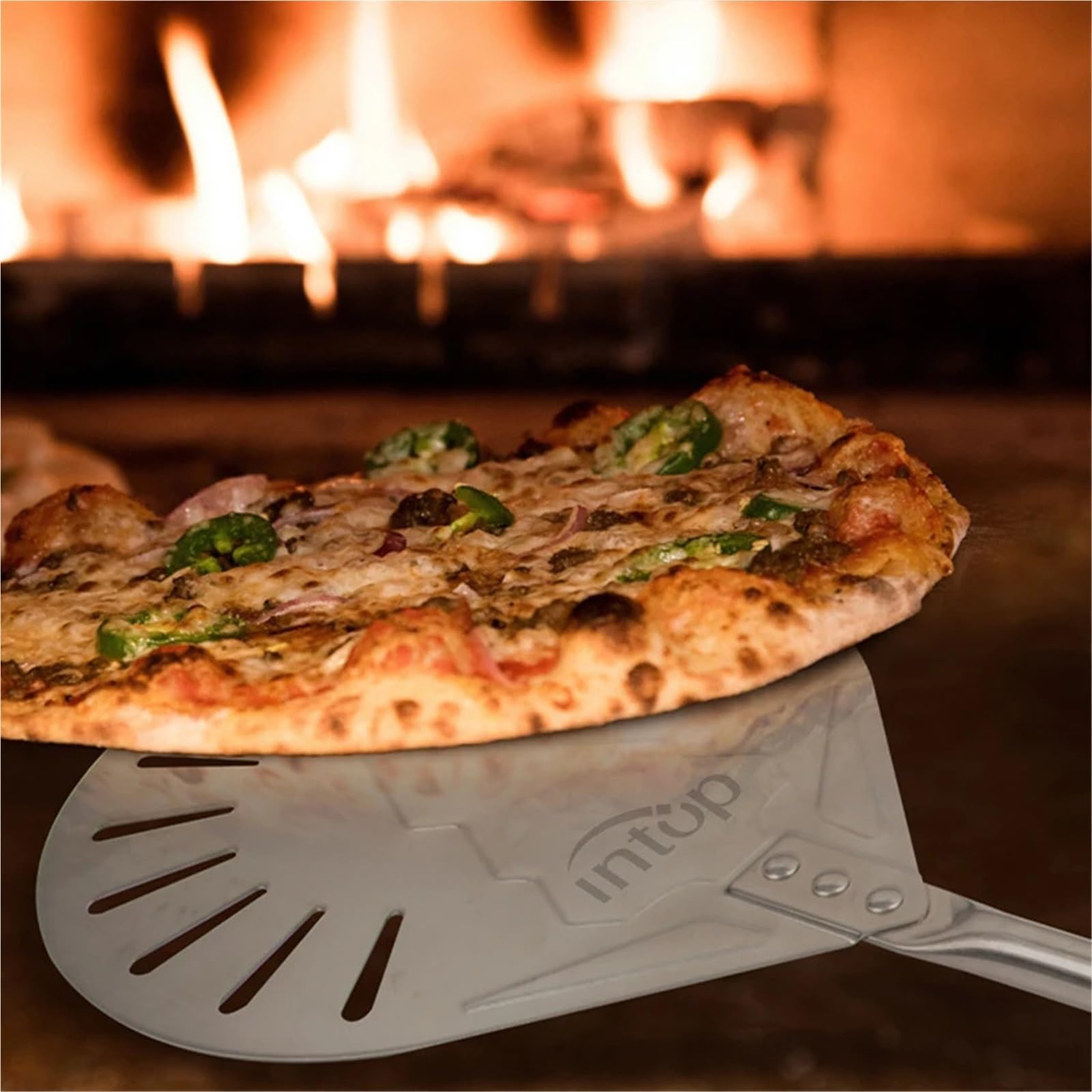 Pizzaschieber 8-Zoll-Pizzawender aus Edelstahl mit einziehbarem Griff, perforiert, Ofenzubehör(With 47cm handle)