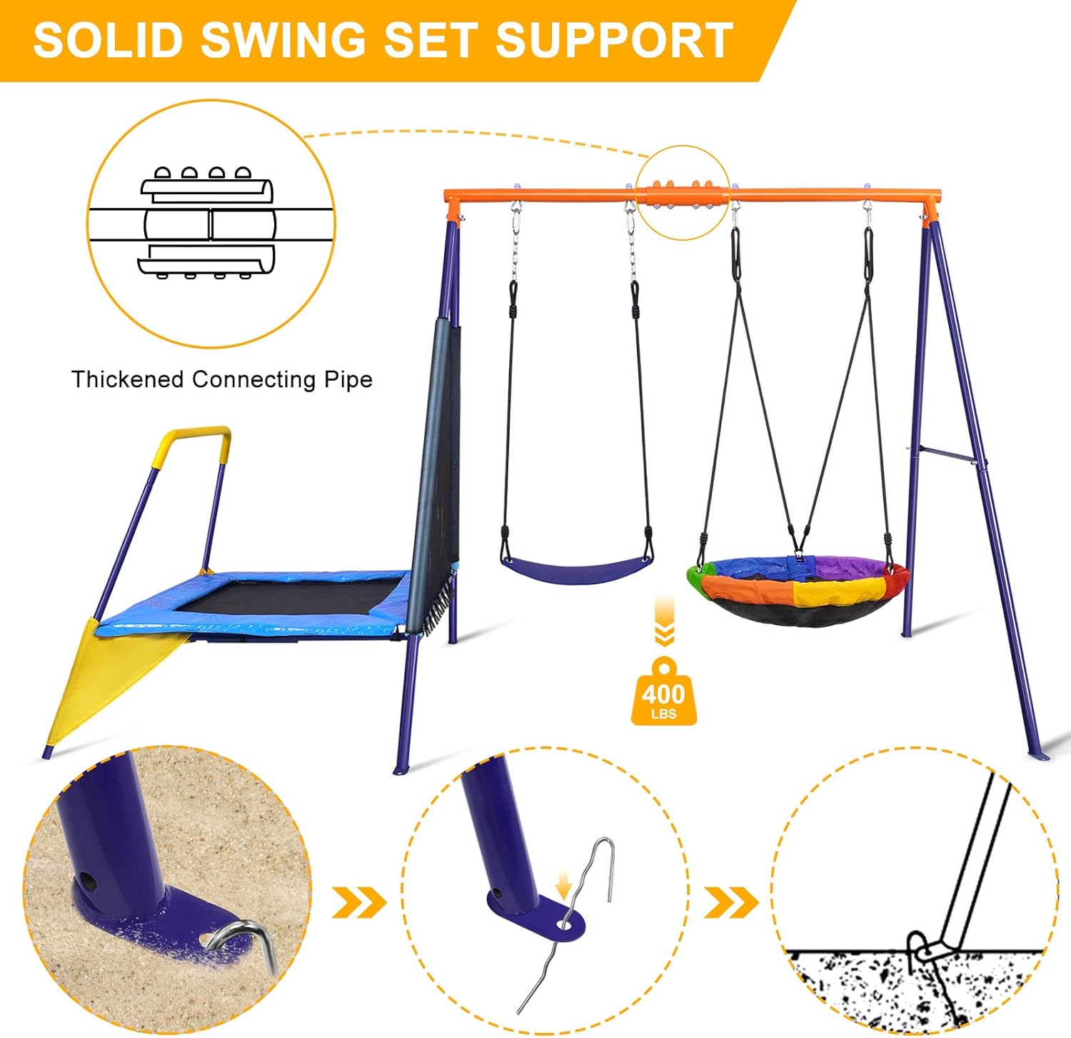 Lunafun Swing Sets for Backyard with Trampoline 440lbs with Heavy-Duty Metal A-Frame Outdoor Swing Set with 1 Saucer Swing Seat 1 Swings Seat & 1 Trampoline