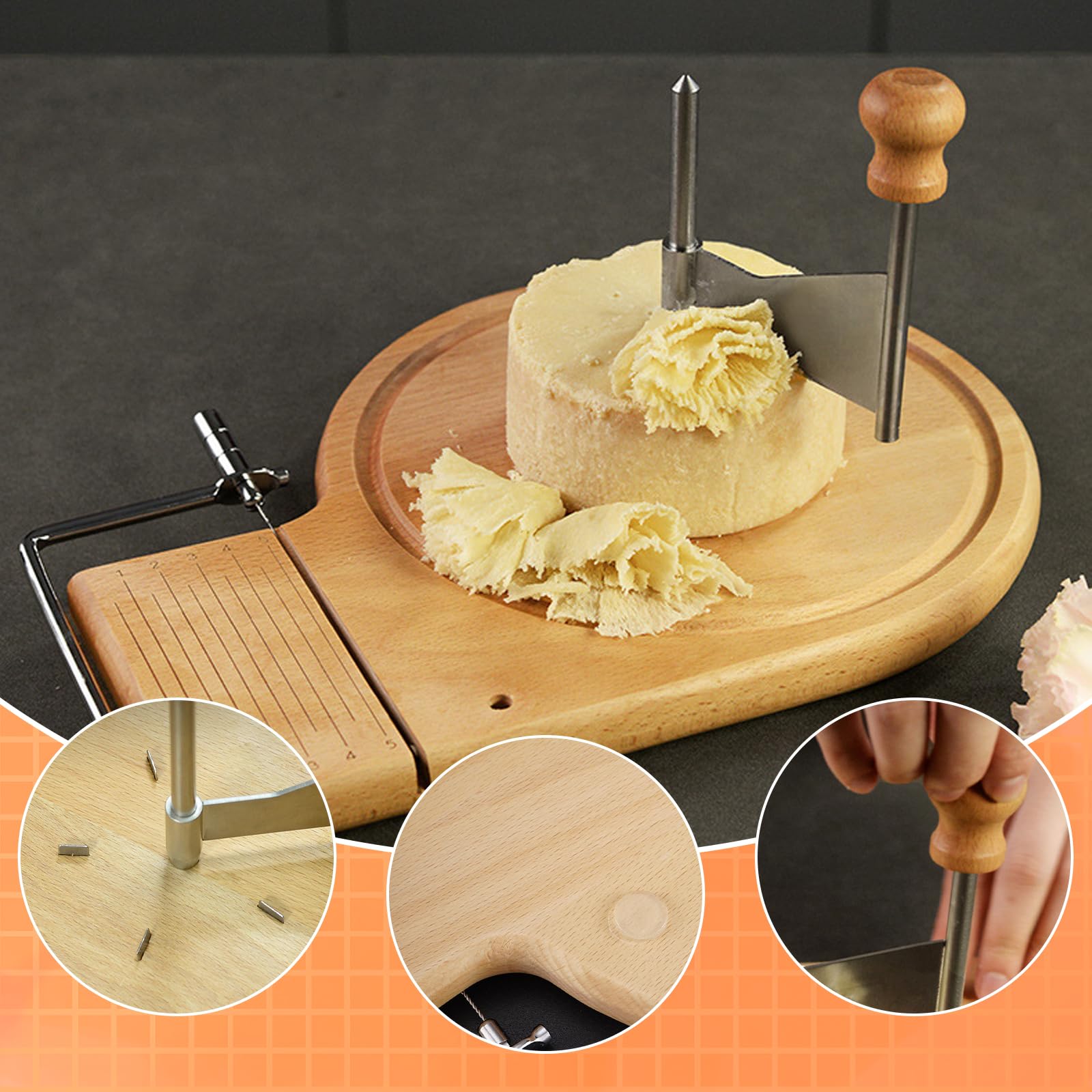 Cortador de Queso, Cortador Queso Horizontal con Tabla de Madera Redonda se Puede Utilizar para Cortar Queso Mantequilla y Foie Gras etc