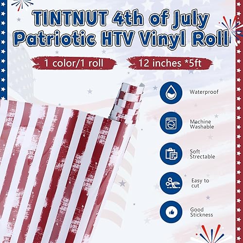 Miniatura 9 de Tintnut Vinilo de transferencia de calor con bandera americana, 10 hojas de vinilo patriótico de 10 x 12 pulgadas, color azul marino y blanco,