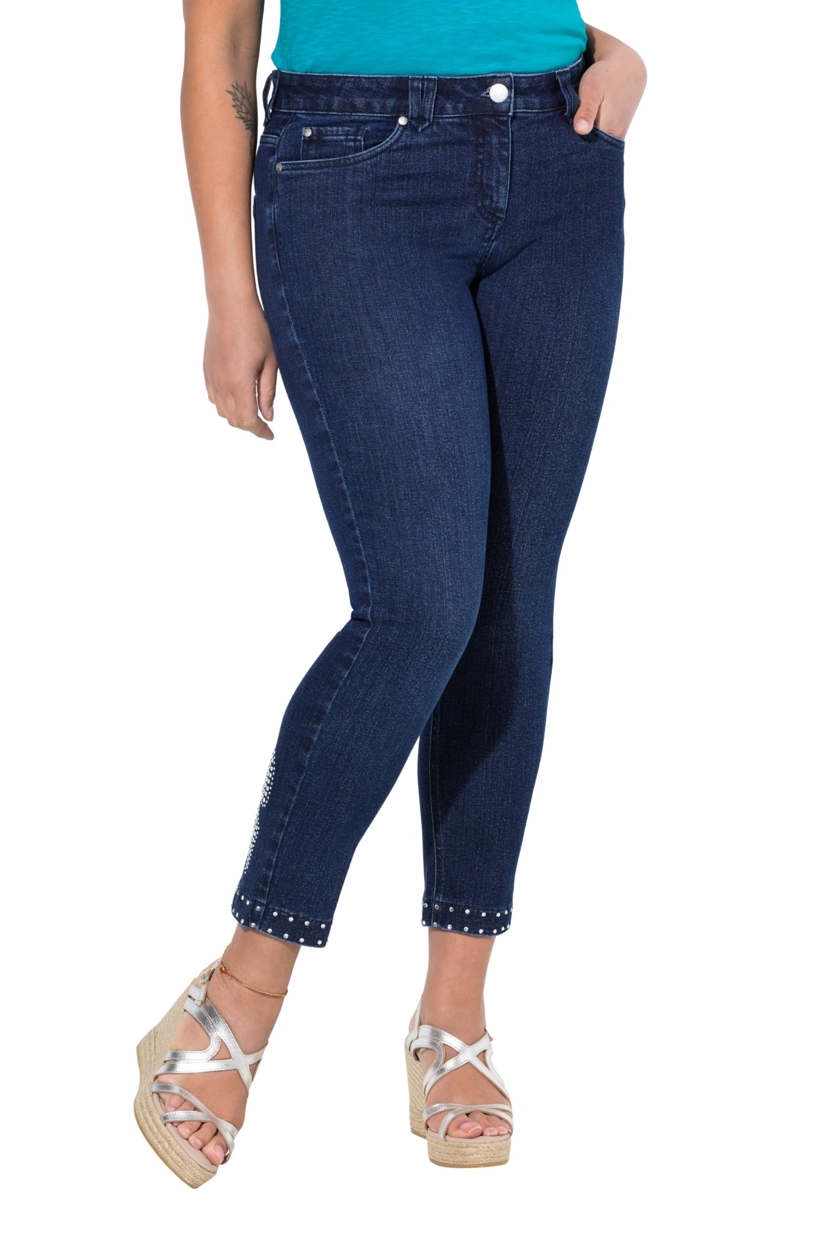 MIAMODA Damen große Größen Übergrößen Plus Size Jeans, Slim Fit, Ziersteinchen-Saum, Glitzerschleife 841803