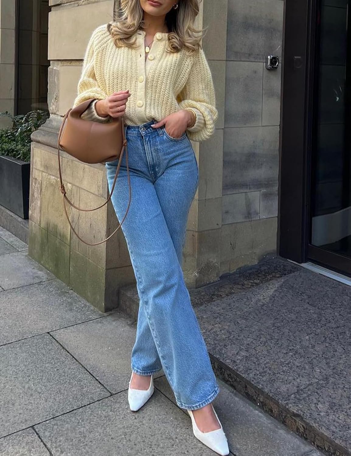 Womens Cardigan Sweater Chunky Knitted Crew Neck Long Sleeve Button Down Jackets Open Front Loose Casual Coat - Image 8