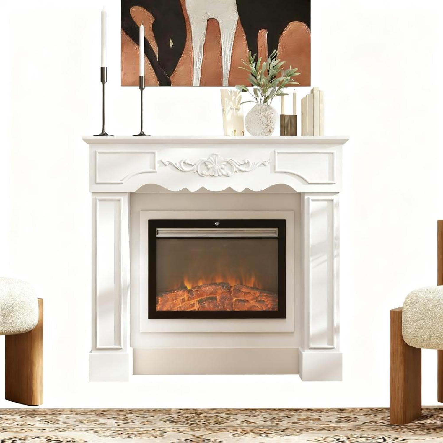 Fireplace Mantel, Freestanding Fireplace Surround with Leg for Electric Fireplaces White Baroque-Style Frame Electric Fireplace Decor Elegant Home Decor